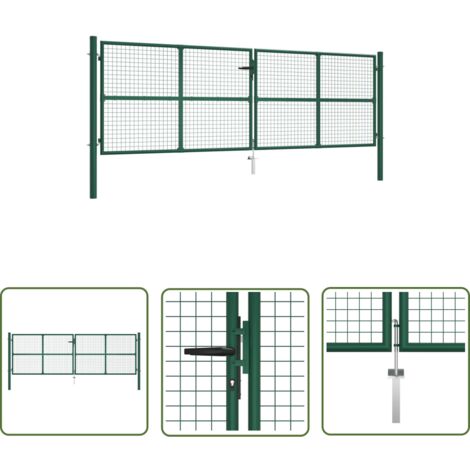 The Living Store Doppelstabmatten-Doppeltor Stahl 390x125 cm Grün - Doppelstabmattenzaun - Gartentor - Zaun - Metalltor - Stahltür