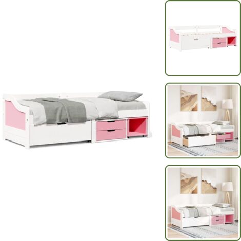 The Living Store Dormeuse 3 Cassetti senza Materasso Bianco&Rosa 90x200 cm IRUN - Letto con cassetti