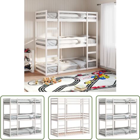 The Living Store Dreifach-Etagenbett Weiß 90x190 cm Massivholz Kiefer - Holzbett - Etagenbett - Kinderzimmer - Jugendzimmer - Gästebett