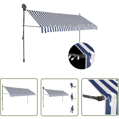 The Living Store Einziehbare Markise Handbetrieben mit LED 400 cm Blau und Weiß - Markise - Sonnenschutz - Gartendeckoration - Außenbeleuchtung - Terrassenüberdachung