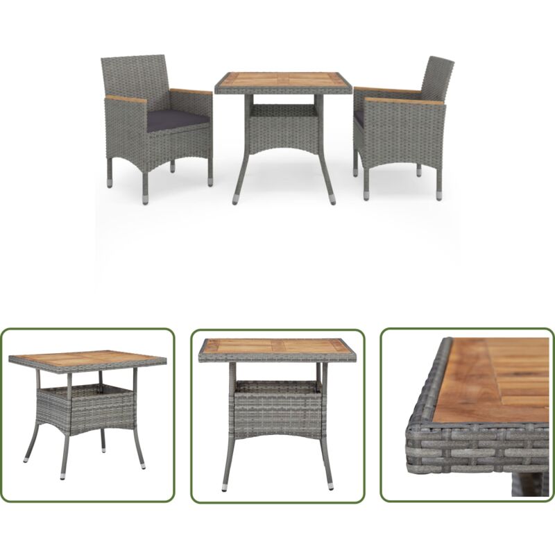 The Living Store - Ensemble à manger de jardin 3 pcs Gris Résine tressée et acacia - Salon De Jardin - Mobilier De Jardin - Set De Repas Extérieur