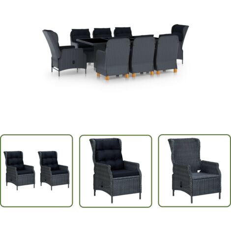 The Living Store Ensemble à manger 9 pcs avec coussins résine tressée gris foncé - Salon De Jardin - Mobilier De Jardin - Ensemble Repas Extérieur - Table Et Chaises - Set Salon De Jardin