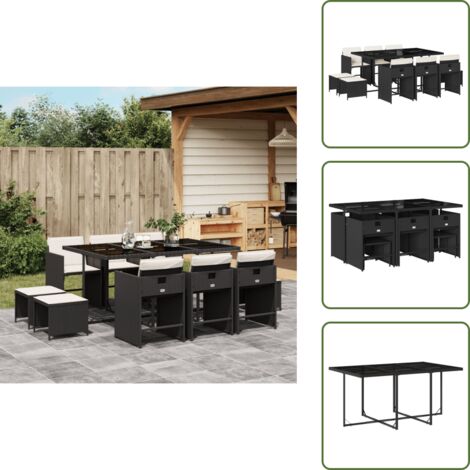 The Living Store Ensemble à manger de jardin 11 pcs coussins noir résine tressée - Ensemble Salon De Jardin - Meuble De Jardin - Résine Tressée - Mobilier Extérieur - Table Et Chaises