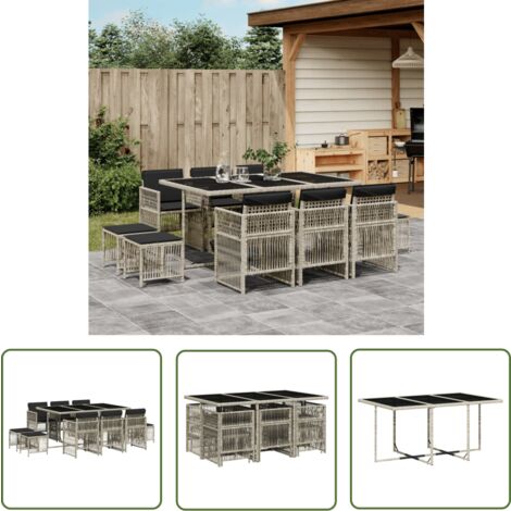 The Living Store Ensemble à manger de jardin 11pcs avec coussins gris poly rotin - Ensemble Salon De Jardin - Meuble De Jardin - Résine Tressée - Mobilier D'extérieur - Table De Jardin