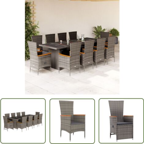 The Living Store Ensemble à manger de jardin 11pcs avec coussins gris poly rotin - Ensemble Salon De Jardin - Meuble De Jardin - Table De Jardin - Chaises De Jardin - Set De Jardin
