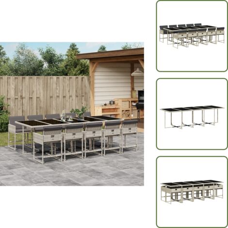 The Living Store Ensemble à manger de jardin 11pcs avec coussins gris poly rotin - Salon De Jardin - Meuble De Jardin - Set De Jardin - Résine Tressée - Poly Rotin
