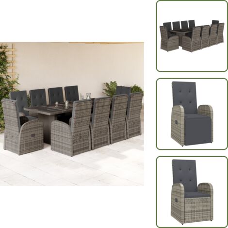 The Living Store Ensemble à manger de jardin 11pcs avec coussins gris poly rotin - Salon De Jardin - Meuble De Jardin - Set De Salon De Jardin - Table De Jardin - Chaises De Jardin