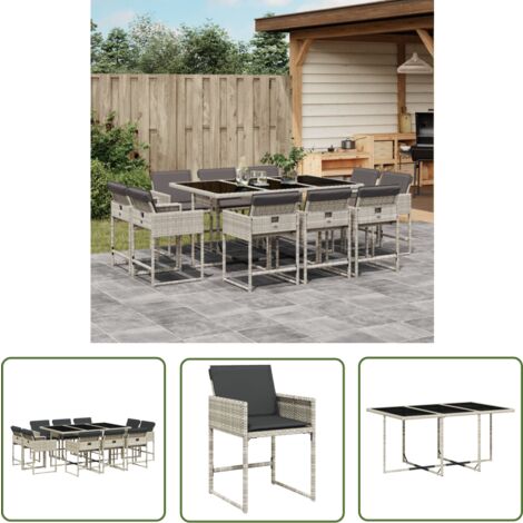 The Living Store Ensemble à manger de jardin 11pcs avec coussins gris poly rotin - Salon De Jardin - Meuble De Jardin - Set Salon De Jardin - Mobilier De Jardin - Table De Jardin