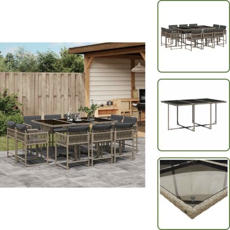 The Living Store Ensemble à manger de jardin 11pcs avec coussins gris poly rotin - Salon De Jardin - Set Salon De Jardin - Meuble De Jardin - Table De Jardin - Chaises De Jardin