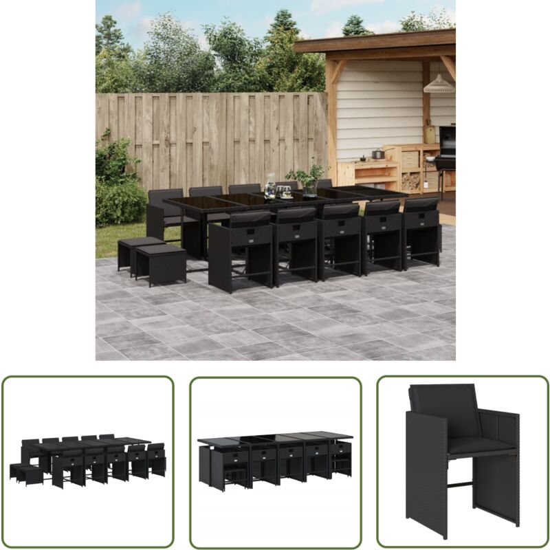 The Living Store - Ensemble à manger de jardin 15 pcs coussins noir résine tressée - Ensemble Salon De Jardin - Meuble De Jardin - Résine Tressée