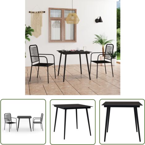 The Living Store Ensemble à manger de jardin 3 pcs Corde en coton et acier Noir - Meubles De Jardin - Salon De Jardin - Ensemble Repas Extérieur - Table Et Chaises - Table Basse