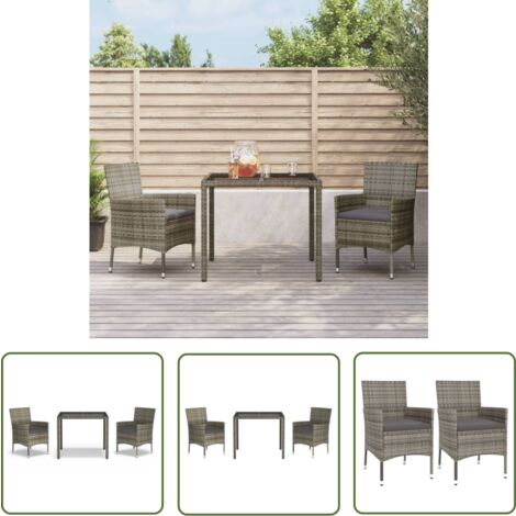 The Living Store Ensemble à manger de jardin 3 pcs coussins gris résine tressée - Salon De Jardin - Mobilier De Jardin - Set De Jardin - Table De Jardin - Chaises De Jardin