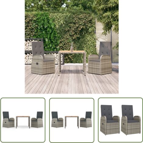 The Living Store Ensemble à manger de jardin 3 pcs coussins gris résine tressée - Salon De Jardin - Mobilier De Jardin - Set Salon De Jardin - Table De Jardin - Chaise De Jardin Inclinable