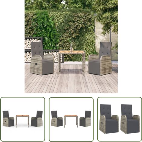 The Living Store Ensemble à manger de jardin 3 pcs coussins gris résine tressée - Salon De Jardin - Mobilier De Jardin - Set Salon De Jardin - Table De Jardin - Chaises De Jardin Inclinables