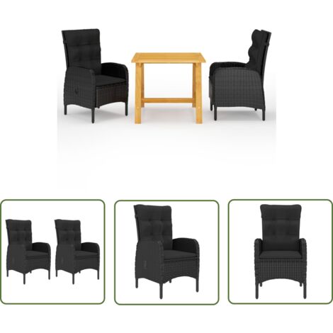The Living Store Ensemble à manger de jardin 3 pcs Noir - Table De Jardin - Salon De Jardin - Mobilier De Jardin - Set De Jardin - Acacia