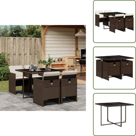 The Living Store Ensemble à manger de jardin 5 pcs et coussins marron poly rotin - Salon De Jardin - Meuble De Jardin - Set De Jardin - Table De Jardin - Chaises De Jardin