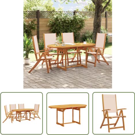 The Living Store Ensemble à manger de jardin 5pcs bois d'acacia solide textilène - Ensemble Salon De Jardin - Mobilier De Jardin - Table De Jardin Extensible - Chaises De Jardin Réglables - Acacia Mas
