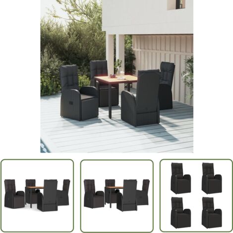 The Living Store Ensemble à manger de jardin 5pcs Noir Poly rotin et acacia - Salon De Jardin - Mobilier De Jardin - Set De Salon De Jardin - Fauteuil Inclinable - Table Basse