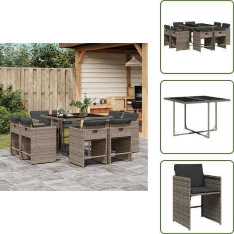 The Living Store Ensemble à manger de jardin 9 pcs coussins gris résine tressée - Salon De Jardin - Meuble De Jardin - Set De Jardin - Résine Tressée - Mobilier Extérieur