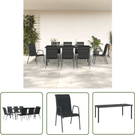 The Living Store Ensemble à manger de jardin 9 pcs noir textilène et acier - Salon De Jardin - Mobilier De Jardin - Set De Table - Table Et Chaises - Table Extérieure