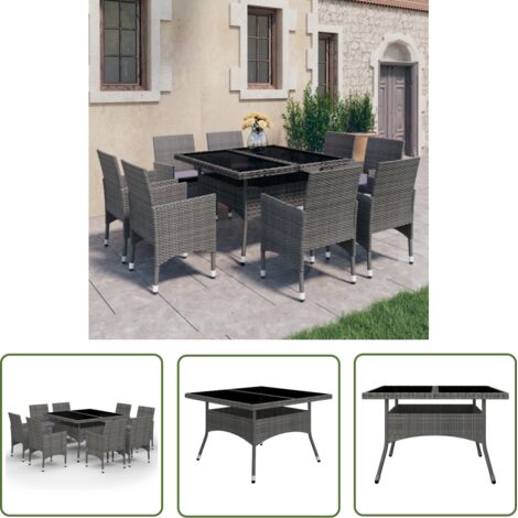 The Living Store Ensemble à manger de jardin 9 pcs Résine tressée et verre Gris - Salon De Jardin - Mobilier De Jardin - Set De Table Extérieur - Ensemble Repas Extérieur - Table Et Chaises De Jardin