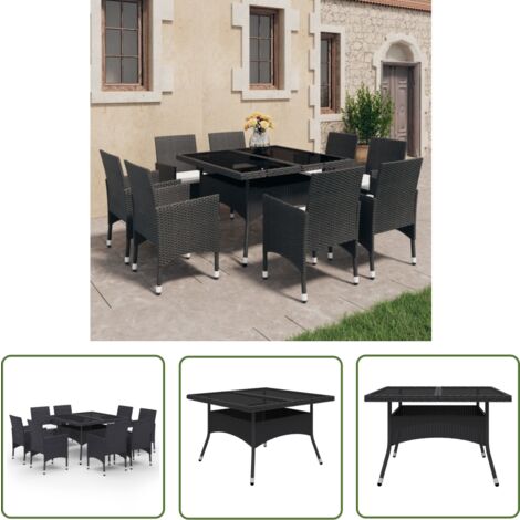 The Living Store Ensemble à Manger de jardin 9 pcs Résine tressée et verre Noir - Salon De Jardin - Mobilier De Jardin - Ensemble Repas Extérieur - Table Et Chaises Jardin - Table Basse Jardin