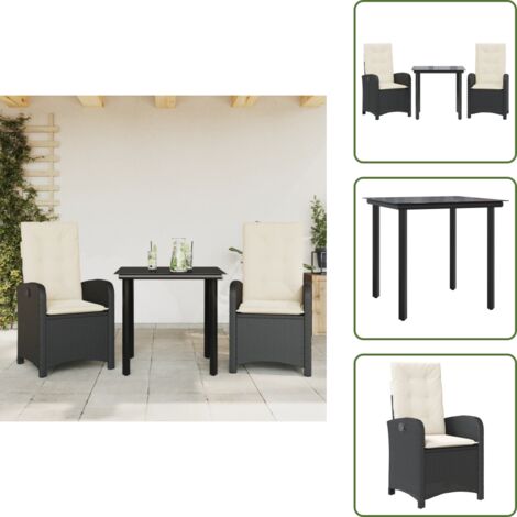 The Living Store Ensemble à manger de jardin avec coussins 3 pcs Noir - Chaise de jardin