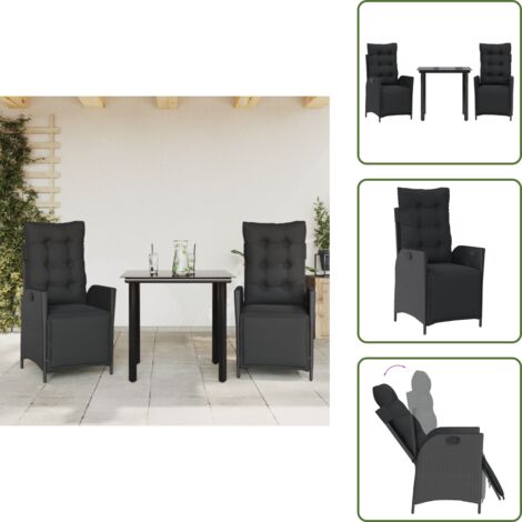 The Living Store Ensemble à manger de jardin avec coussins 3 pcs Noir - Chaise de jardin