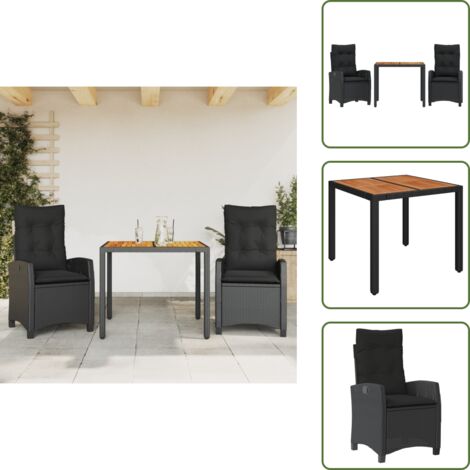 The Living Store Ensemble à manger de jardin avec coussins 3 pcs Noir - Chaise de jardin