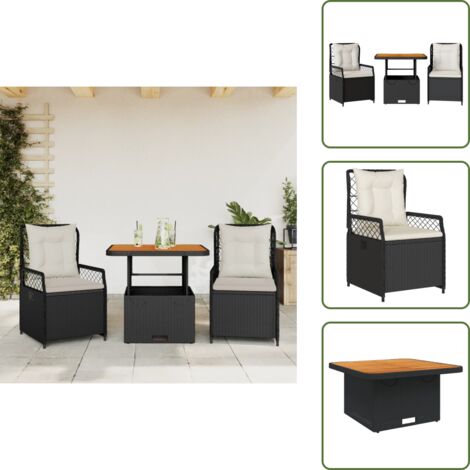 The Living Store Ensemble à manger de jardin avec coussins 3 pcs Noir - Ensemble Salon De Jardin - Mobilier De Jardin - Table Extensible - Chaises Pliantes - Résine Tressée