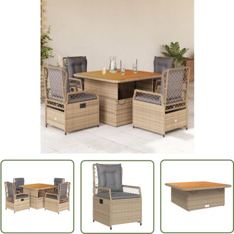 The Living Store Ensemble à manger de jardin avec coussins 5pcs Beige poly rotin - Ensemble Salon De Jardin - Mobilier De Jardin - Table Extensible - Chaises Pliantes - Résine Tressée