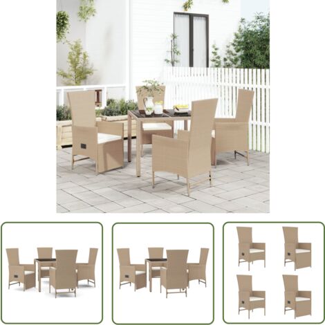 The Living Store Ensemble à manger de jardin avec coussins 5pcs Beige poly rotin - Salon De Jardin - Mobilier De Jardin - Set De Jardin - Table De Jardin - Chaises De Jardin Inclinables