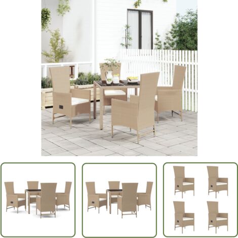 The Living Store Ensemble à manger de jardin avec coussins 5pcs Beige poly rotin - Salon De Jardin - Mobilier De Jardin - Set De Salon De Jardin - Table De Jardin - Chaises De Jardin Inclinables