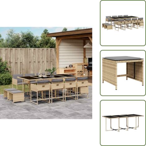The Living Store Ensemble à manger de jardin coussins 13 pcs mélange beige rotin - Ensemble Salon De Jardin - Meuble De Jardin - Résine Tressée - Mobilier Extérieur - Table De Jardin