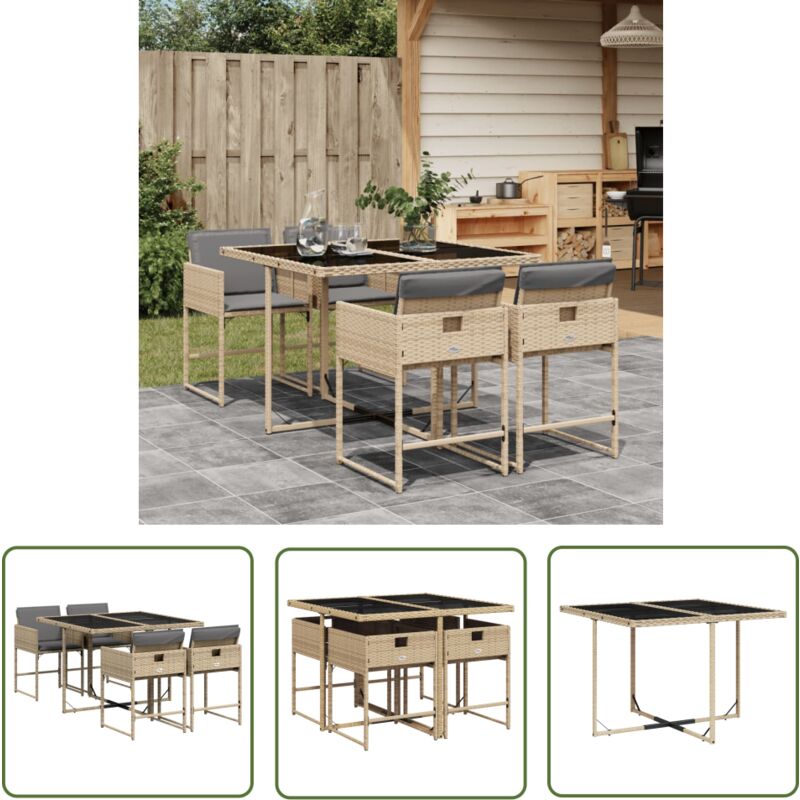 The Living Store - Ensemble à manger de jardin coussins 5 pcs mélange beige rotin - Salon De Jardin - Meuble De Jardin - Set De Salon De Jardin