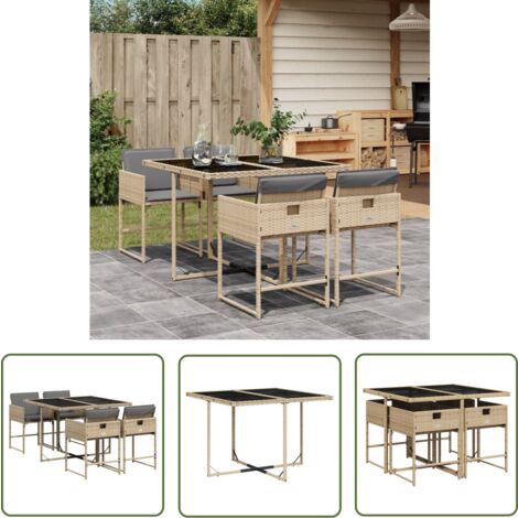 The Living Store Ensemble à manger de jardin coussins 5 pcs mélange beige rotin - Salon De Jardin - Set De Salon De Jardin - Meuble De Jardin - Table De Jardin - Chaises De Jardin