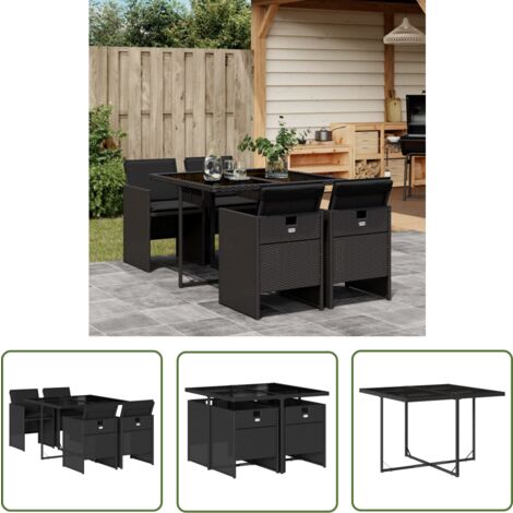 The Living Store Ensemble à manger de jardin coussins 5pcs Noir Résine tressée - Meubles De Jardin - Salon De Jardin - Set De Table - Résine Tressée - Mobilier D'extérieur