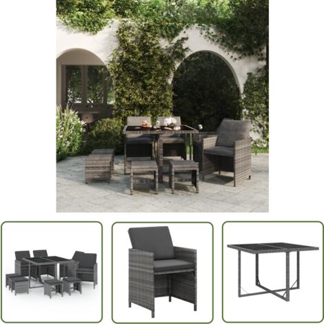 The Living Store Ensemble à manger de jardin coussins 9pcs Résine tressée Gris - Salon De Jardin - Mobilier De Jardin - Ensemble Repas Extérieur - Table Et Chaises - Set Salon De Jardin