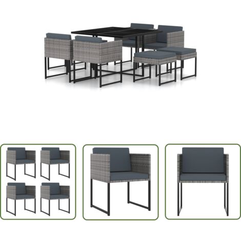 The Living Store Ensemble à manger de jardin coussins 9pcs Résine tressée Gris - Salon De Jardin - Mobilier De Jardin - Set De Jardin - Table Et Chaises - Ensemble Repas Extérieur