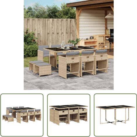 The Living Store Ensemble à manger de jardin et coussins 11 pcs mélange beige - Ensemble Salon De Jardin - Meuble De Jardin - Résine Tressée - Mobilier Extérieur - Table Et Chaises