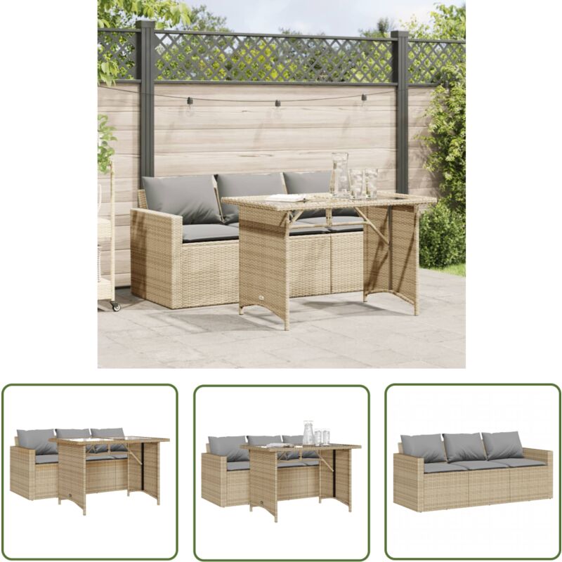 The Living Store Ensemble à manger de jardin et coussins 2 pcs beige poly rotin - Salon De Jardin - Set Salon De Jardin - Mobilier De Jardin - Table