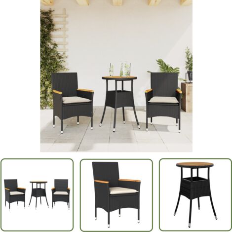 The Living Store Ensemble à manger de jardin et coussins 3 pcs noir rotin acacia - Salon De Jardin - Mobilier De Jardin - Set De Salon De Jardin - Table De Jardin - Chaises De Jardin