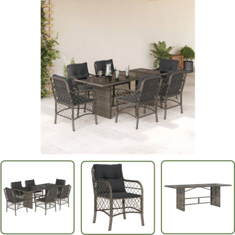 The Living Store Ensemble à manger de jardin et coussins 7 pcs gris rotin - Salon De Jardin - Set De Salon De Jardin - Mobilier De Jardin - Table De Jardin - Chaises De Jardin