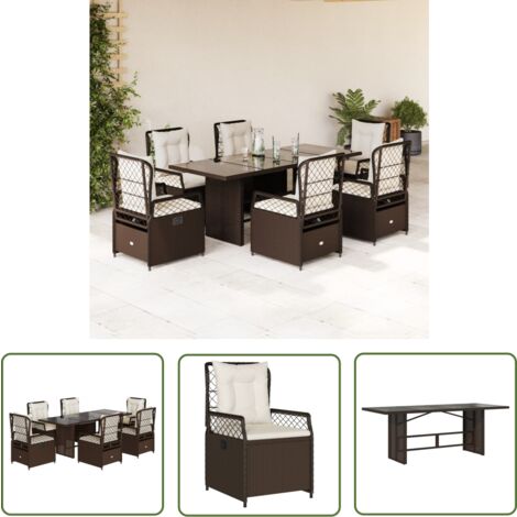 The Living Store Ensemble à manger de jardin et coussins 7 pcs marron rotin - Salon De Jardin - Meuble De Jardin - Set De Jardin - Table De Jardin - Chaises De Jardin