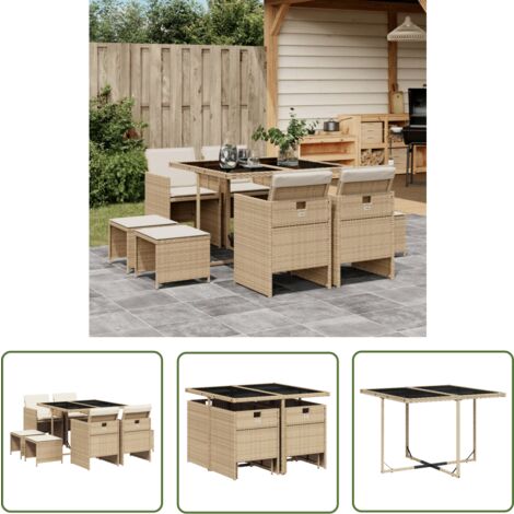 The Living Store Ensemble à manger de jardin et coussins 9 pcs beige Poly rotin - Ensemble Salon De Jardin - Meuble De Jardin - Résine Tressée - Mobilier D'extérieur - Table De Jardin