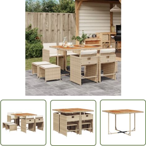 The Living Store Ensemble à manger de jardin et coussins 9 pcs beige Poly rotin - Ensemble Salon De Jardin - Meuble De Jardin - Résine Tressée - Mobilier Extérieur - Table Basse