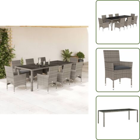 The Living Store Ensemble à manger de jardin et coussins 9 pcs gris rotin verre - Salon De Jardin - Mobilier De Jardin - Set De Salon De Jardin - Table De Jardin - Chaises De Jardin