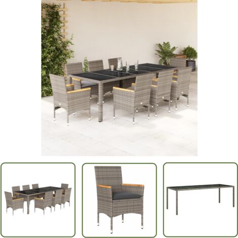 The Living Store Ensemble à manger de jardin et coussins 9 pcs gris rotin verre - Salon De Jardin - Mobilier De Jardin - Set De Salon De Jardin - Table De Jardin - Chaises De Jardin