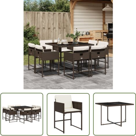 The Living Store Ensemble à manger de jardin et coussins 9 pcs marron poly rotin - Salon De Jardin - Meuble De Jardin - Set De Jardin - Table De Jardin - Chaises De Jardin
