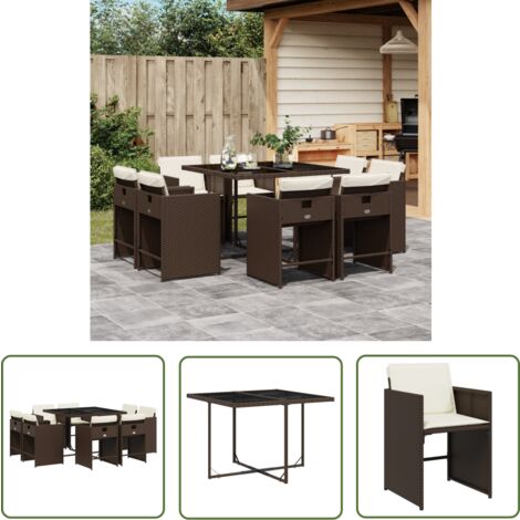 The Living Store Ensemble à manger de jardin et coussins 9 pcs marron poly rotin - Salon De Jardin - Meuble De Jardin - Set De Salon De Jardin - Mobilier De Jardin - Table De Jardin